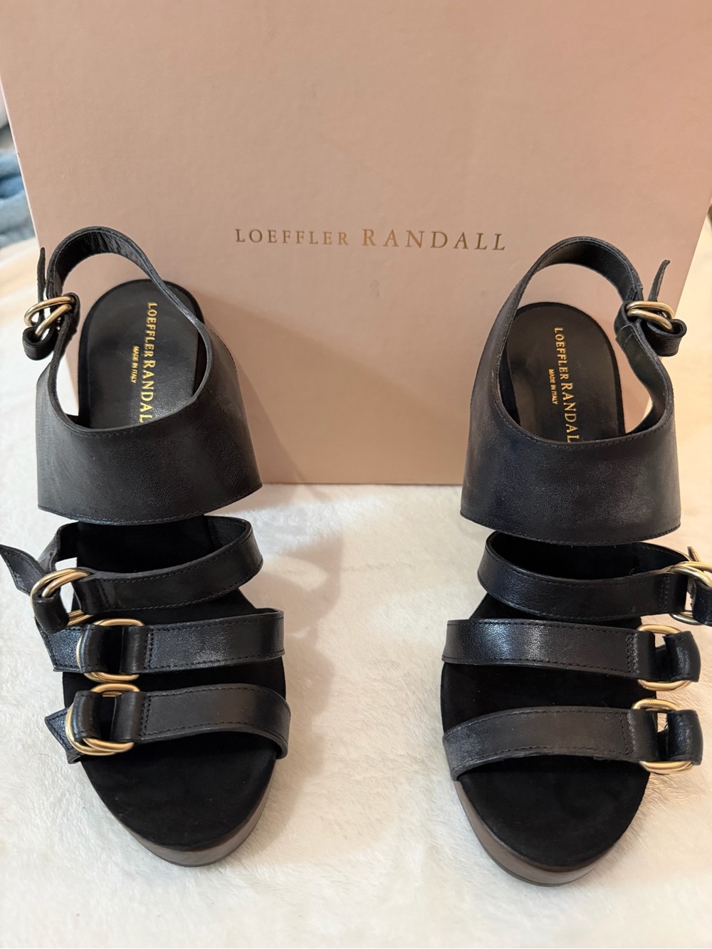 Loeffler Randall Black Leather Multi-Strap Sandal with Gold Buckles